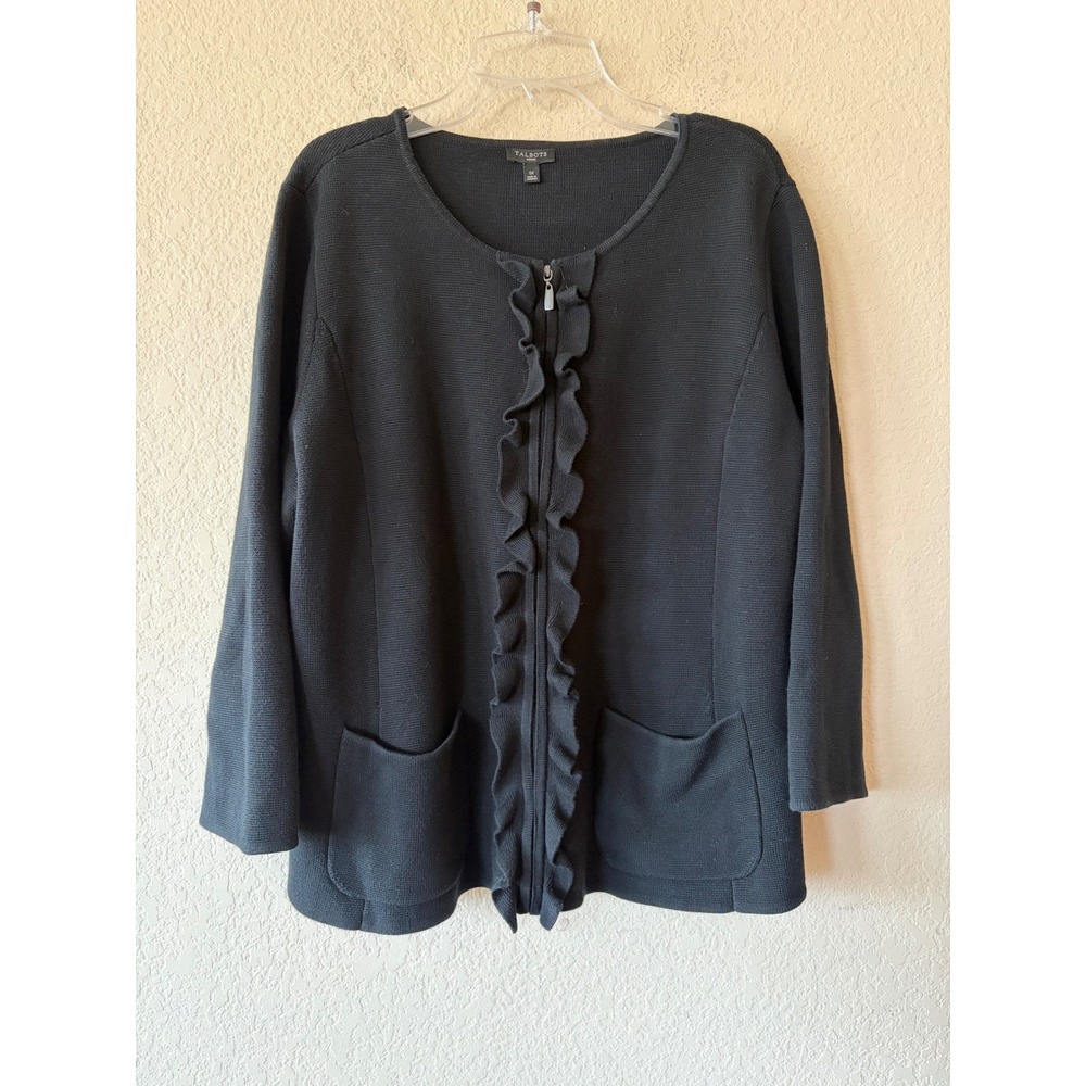 Talbots Woman Black Ruffle Zip Front Cardigan Sweater 1X Pockets Cotton Rayon